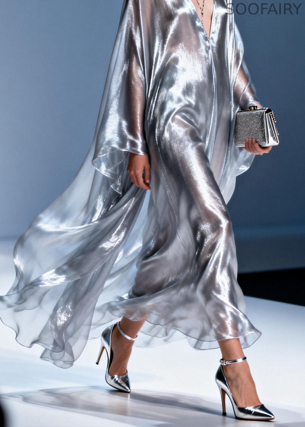 Stylish V Neck Silver Silk Long Dress Spring