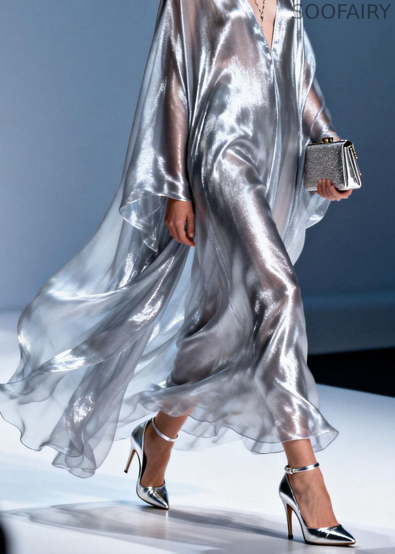 Stylish V Neck Silver Silk Long Dress Spring
