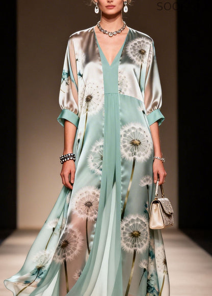 V Neck Print Patchwork Chiffon Dresses Summer