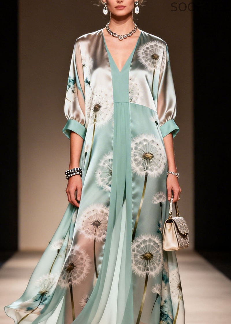 V Neck Print Patchwork Chiffon Dresses Summer