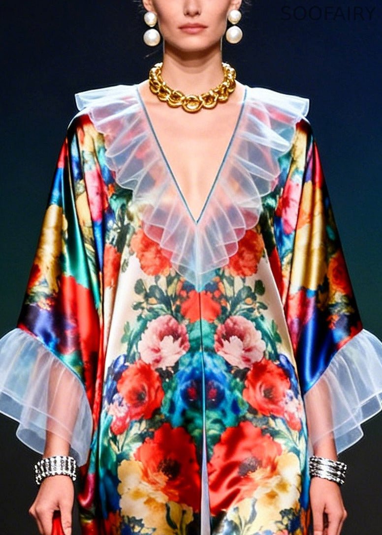 Ruffled Patchwork Multicolored Silk Robe Dresses Summer
