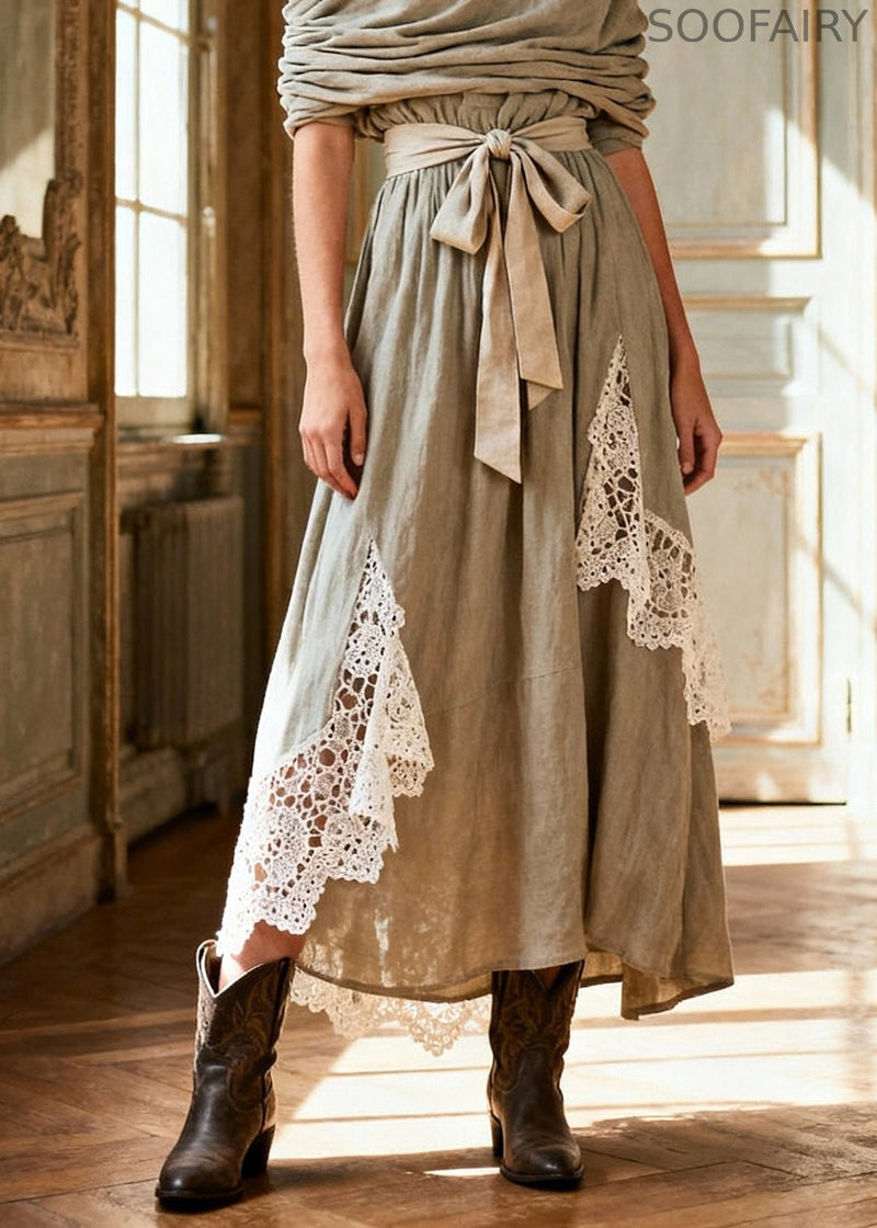 Natural Tie Waist Lace Patchwork Long Dress Spring