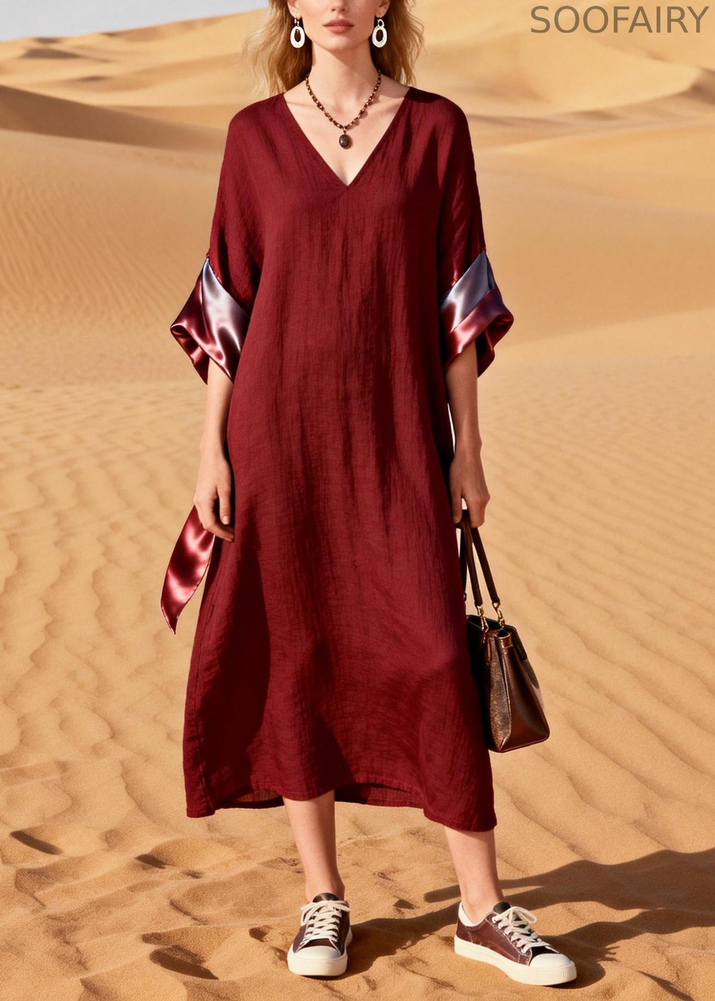 Mulberry V Neck Patchwork Cotton Long Dresses Summer