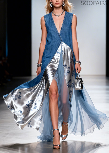 V Neck Asymmetrical Silk Patchwork Denim Dress Summer