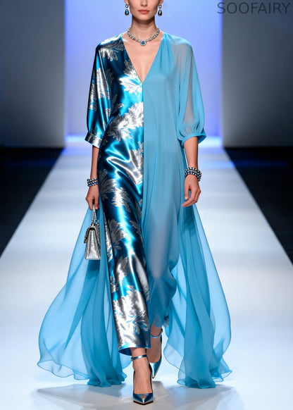 Blue Asymmetrical Patchwork Chiffon Party Dress Summer