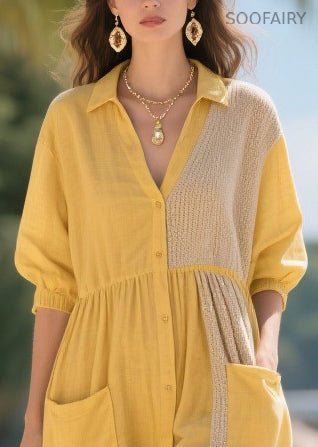Yellow Oversized Patchwork Cotton Dresses Summer