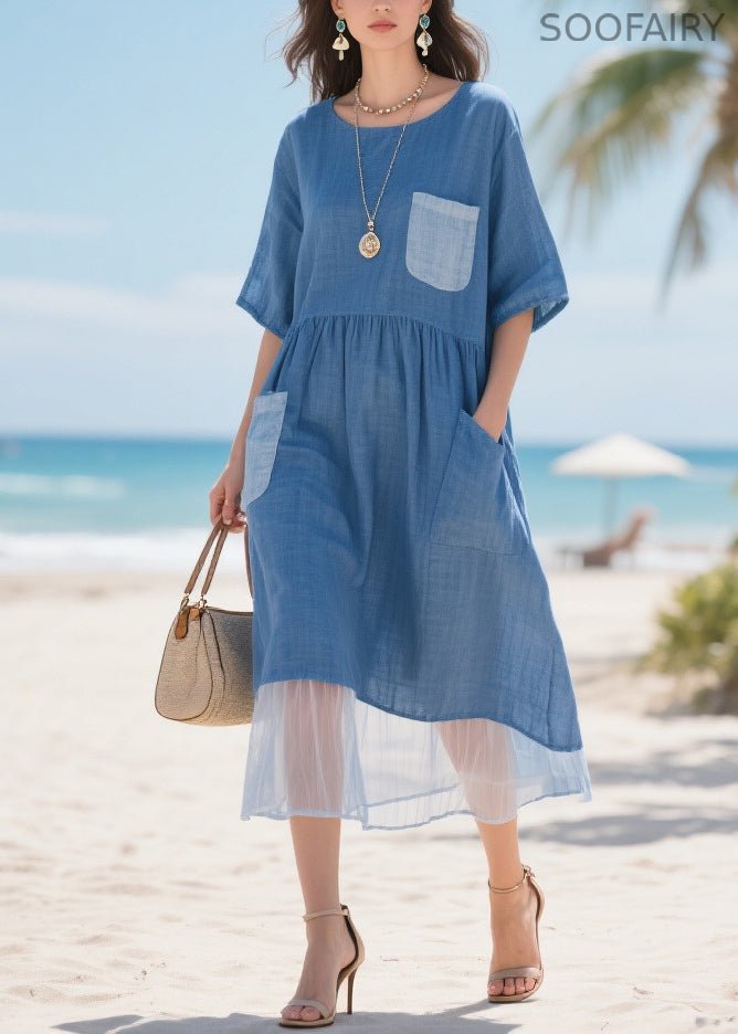Fitted Blue Asymmetrical Patchwork Pockets Cotton Maxi Dresses Summer