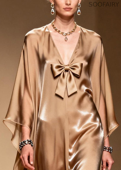 French Khaki V Neck Bow Chiffon Maxi Dress Summer