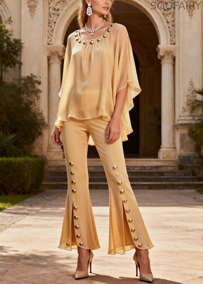 Yellow O-neck Rivet Chiffon Top and Flared Trousers Two Piece Set Flare Sleeve