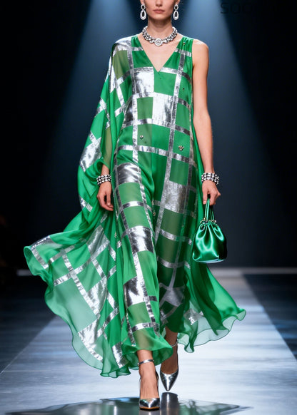 Unique Green V Neck Asymmetrical Design Print Chiffon Maxi Dresses Summer