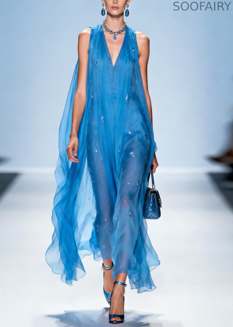 Blue V Neck Zircon Chiffon Dresses Sleeveless