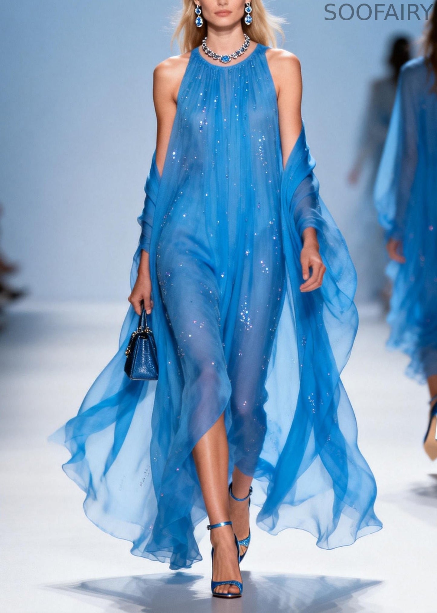 French Blue O Neck Zircon Patchwork Chiffon Dress Summer