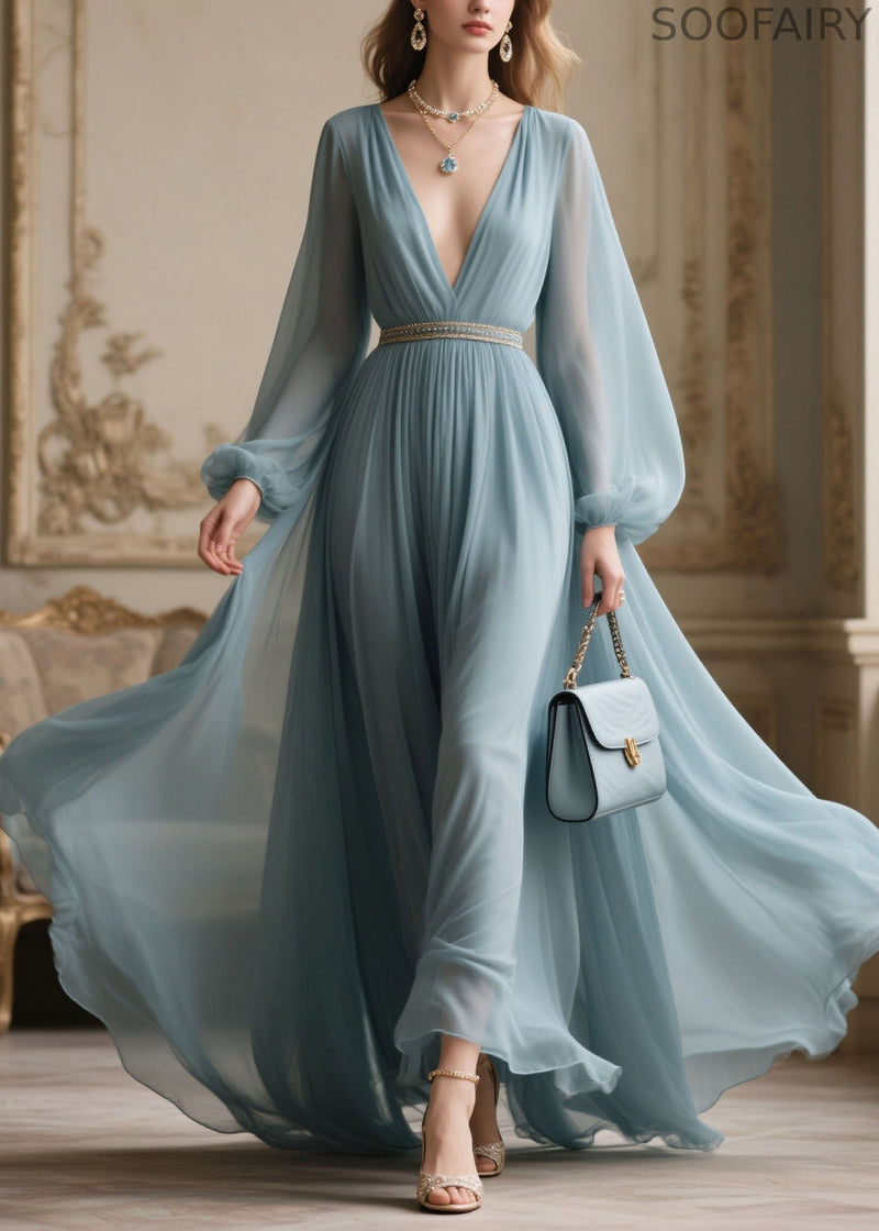V Neck Zircon Patchwork Chiffon Dresses Spring