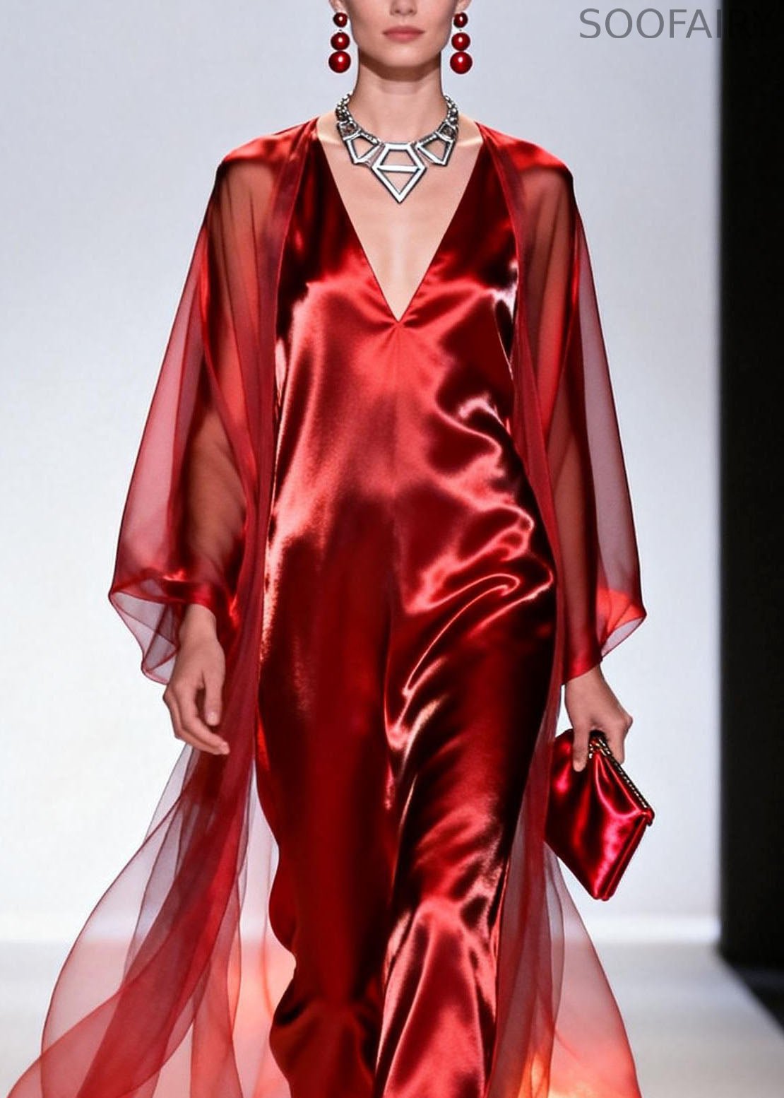 Classy Red V Neck Loose Silk 2 Piece Outfit Summer