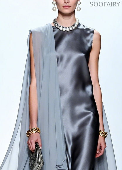 Grey Oversized Patchwork Chiffon Maxi Dress Summer