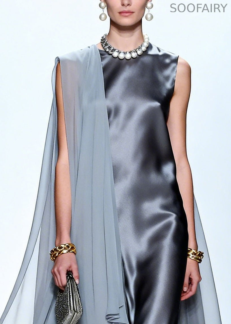 Grey Oversized Patchwork Chiffon Maxi Dress Summer