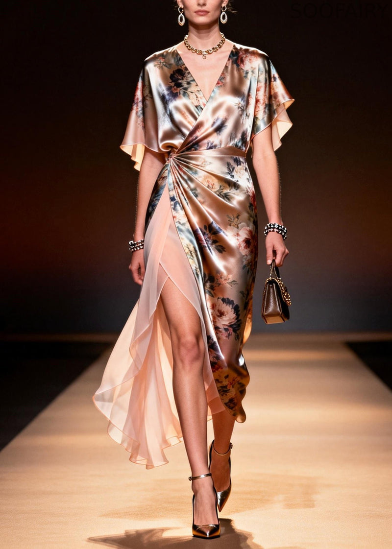 Champagne Print Patchwork Chiffon Long Dresses Side Open Summer