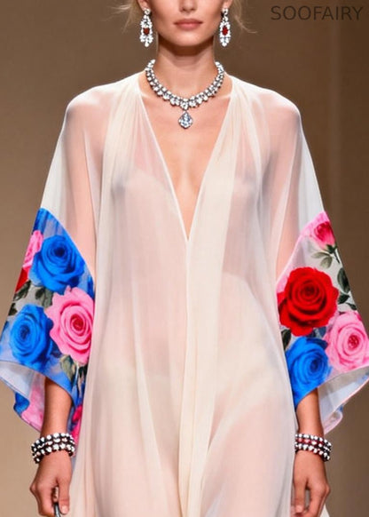White Oversized Print Chiffon Vacation Dresses Summer