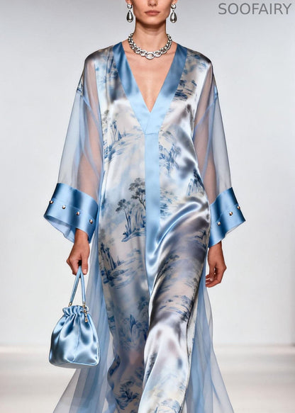 Italian Blue V Neck Print Zircon Chiffon Dresses Summer