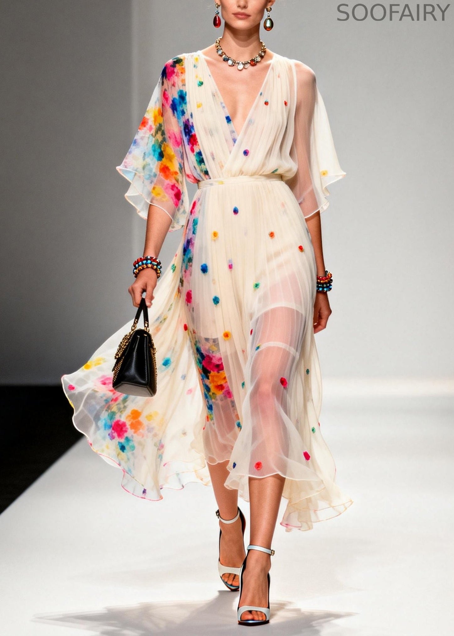 Modern Apricot V Neck Patchwork Chiffon Ankle Dress Summer