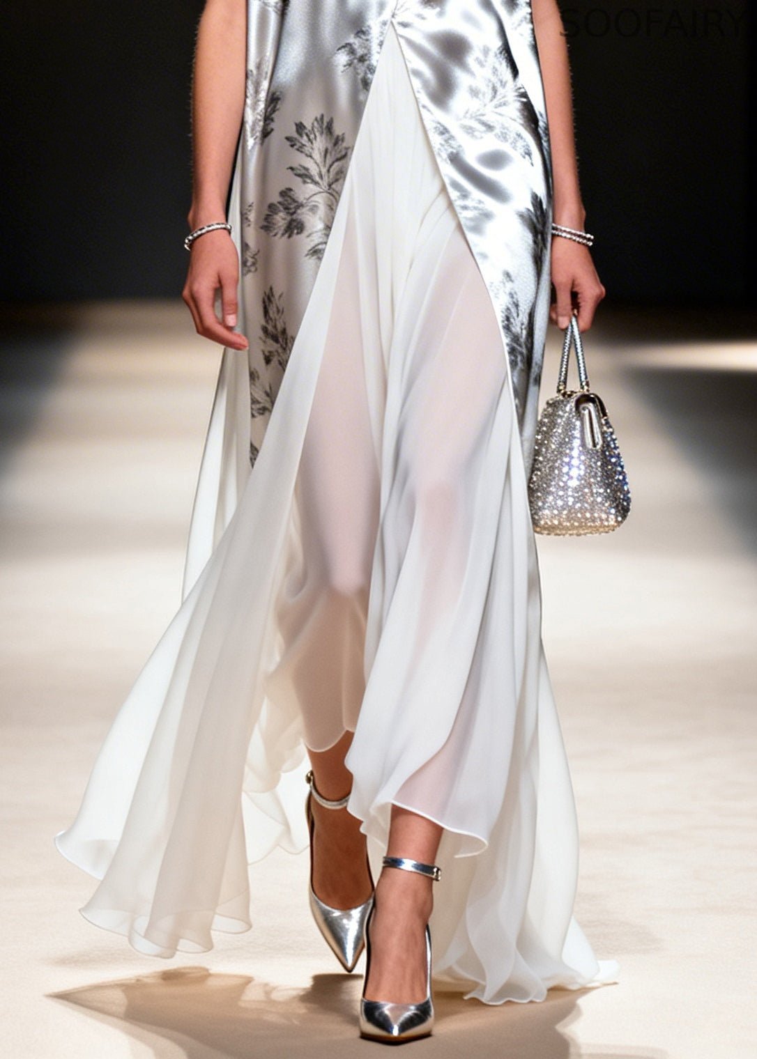 Silvery Print Patchwork Chiffon Fake Two Piece Dress Sleeveless