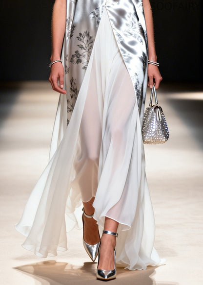Silvery Print Patchwork Chiffon Fake Two Piece Dress Sleeveless