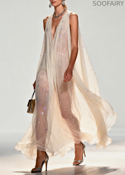 New Style V Neck Zircon Chiffon Maxi Dress Sleeveless