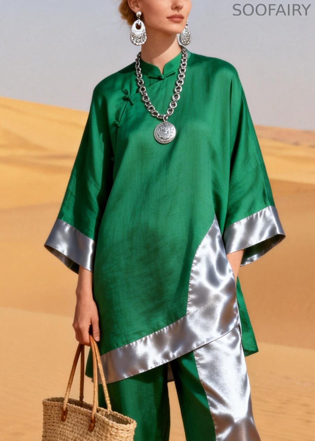Green Asymmetrical Chinese Button Silk Patchwork Two Pieces Set Stand Collar