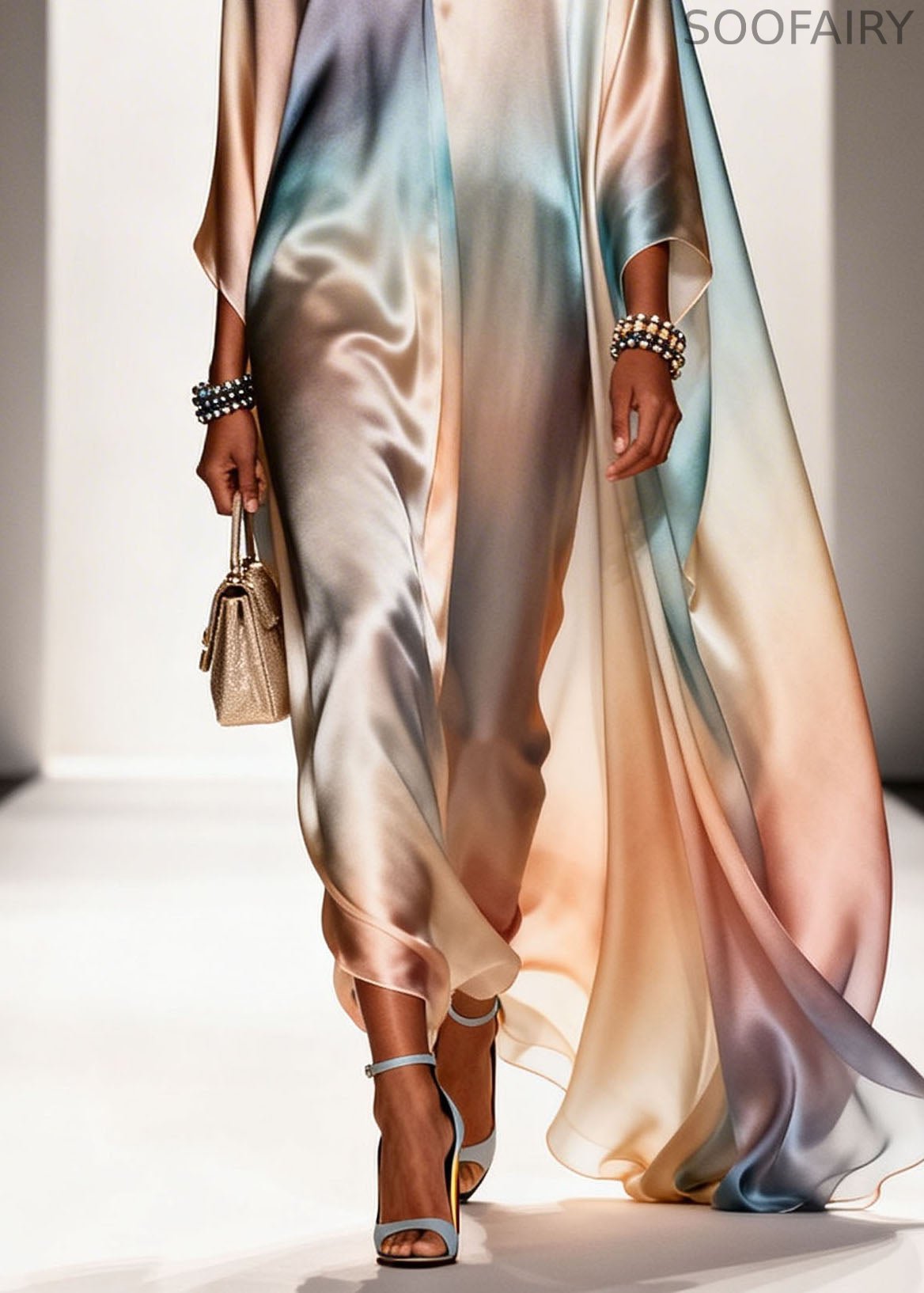 Gradient Color V Neck Chiffon Long Dress Spring