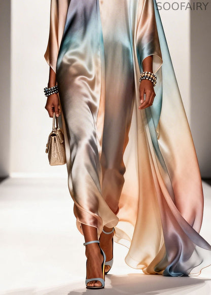 Gradient Color V Neck Chiffon Long Dress Spring