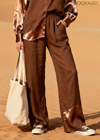 Chocolate Asymmetrical Patchwork Linen Two Piece Suit Set Spring