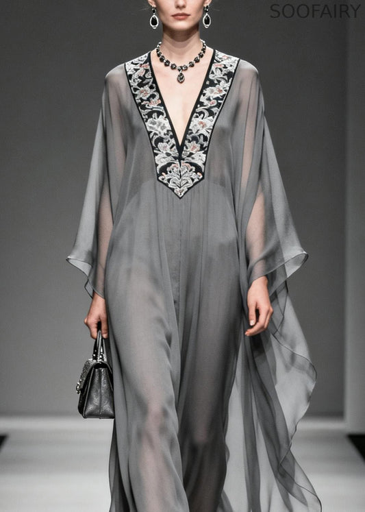 Boutique Grey V Neck Print Patchwork Chiffon Dress Spring