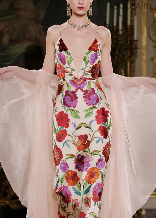 Fine V Neck Print Silk Spaghetti Strap Dress and Cape Two-piece Set Summer