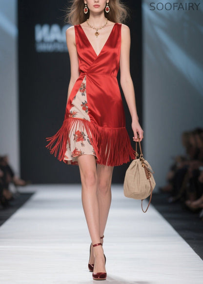 Classy Red V Neck Tassel Patchwork Silk Mid Dress Summer