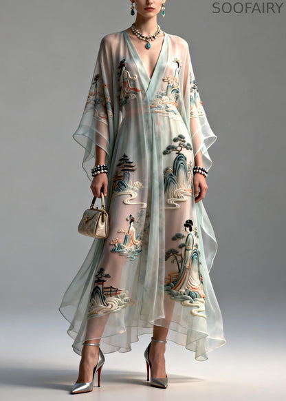 V Neck Asymmetrical Design Print Chiffon Dress Summer