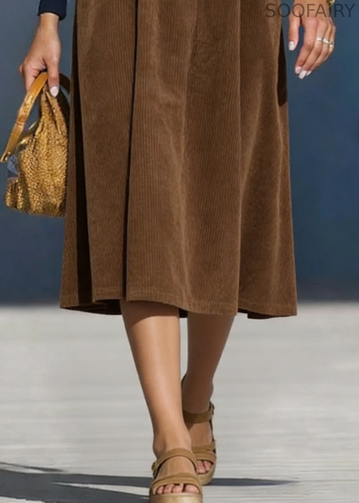 Simple Coffee Pockets Elastic Waist Corduroy Skirt
