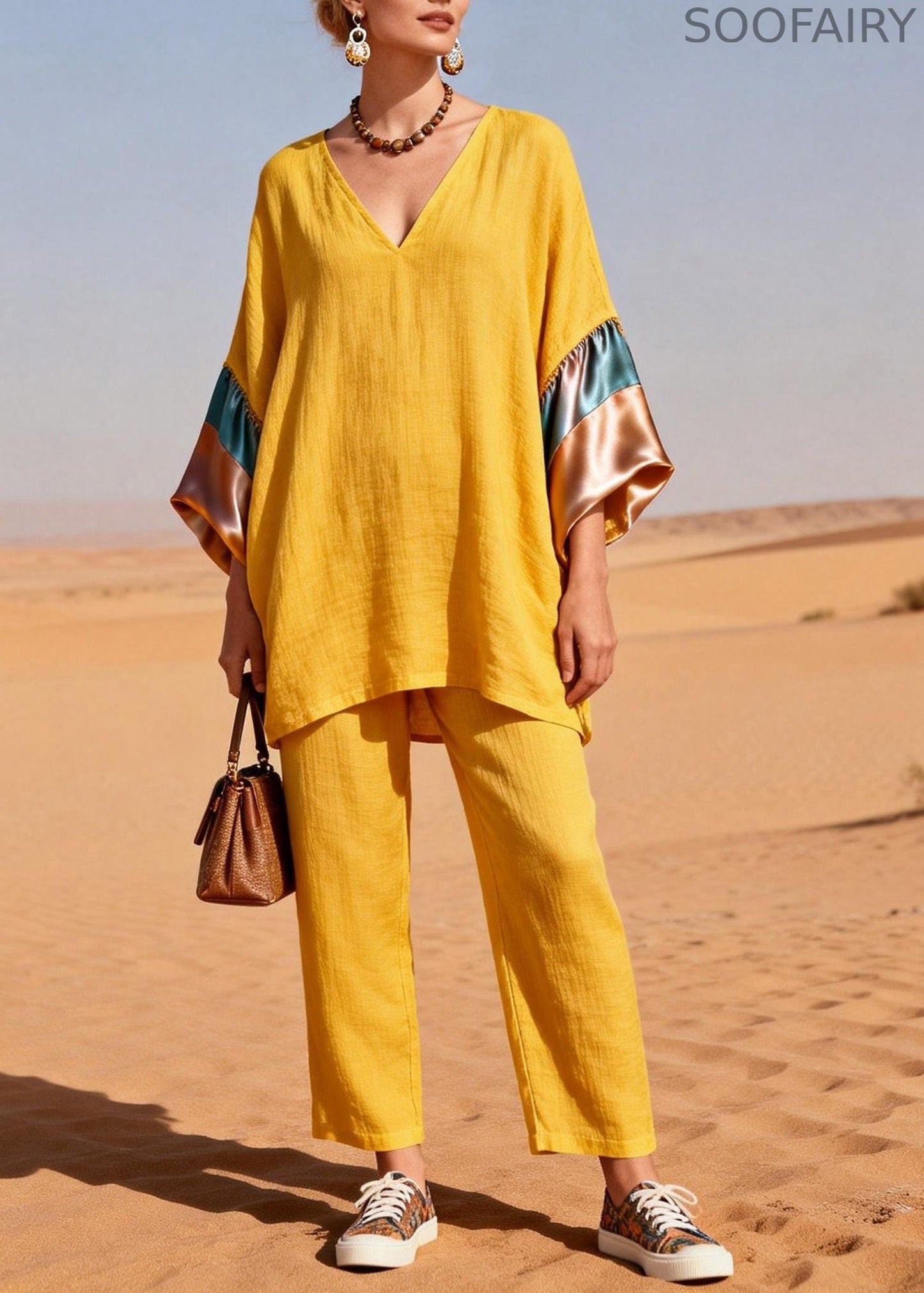 Yellow V Neck Silk Patchwork Linen Two Piece Set Summer