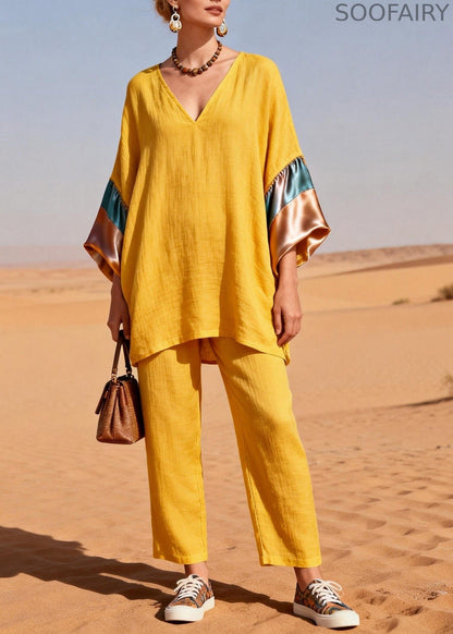Yellow V Neck Silk Patchwork Linen Two Piece Set Summer