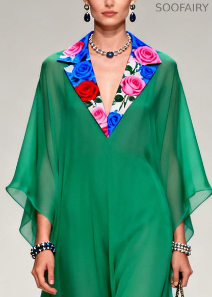 French Tea Green Notched Patchwork Chiffon Long Dresses Summer