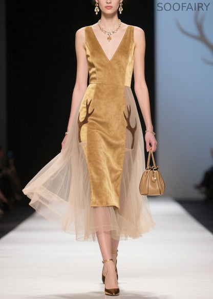 V Neck Tulle Patchwork Velvet Dress Sleeveless