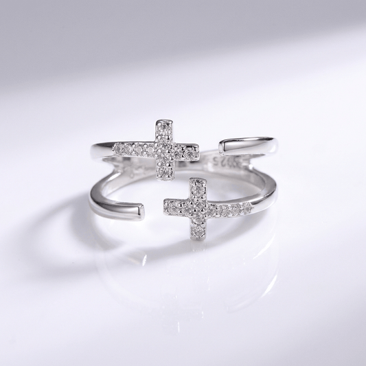 Double Cross Silver & Diamond Ring - (adjustable)